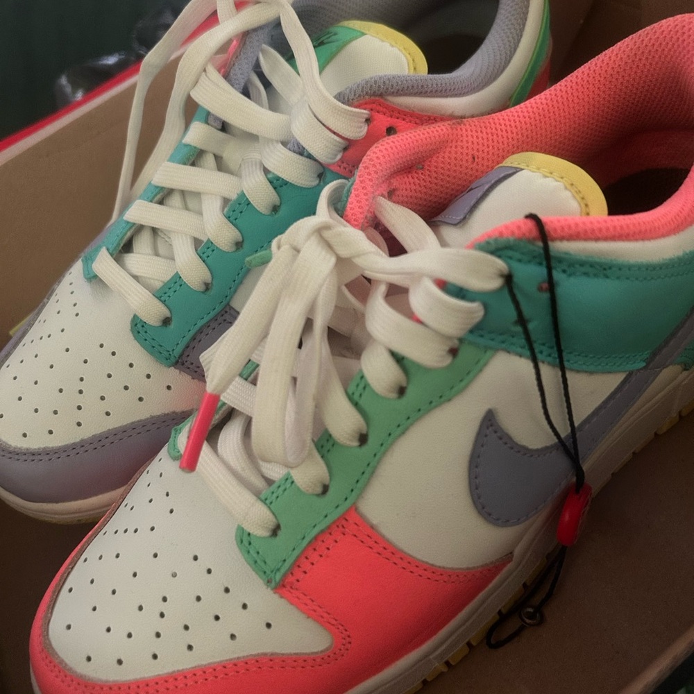 Nike dunks with Pink, Teal, and Lavender